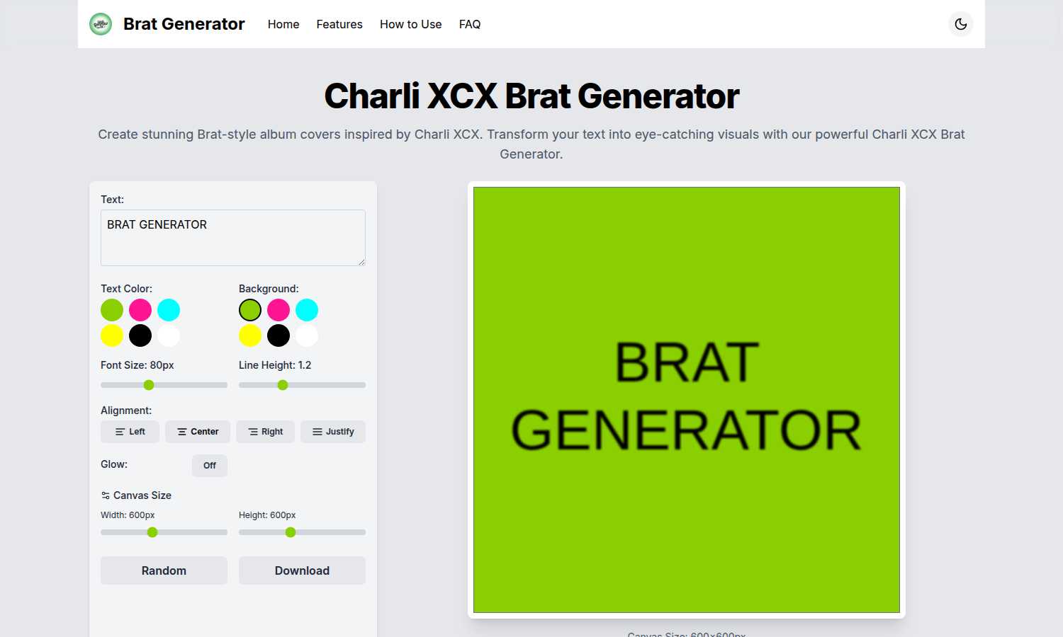 Charli XCX Brat Generator application interface and features
