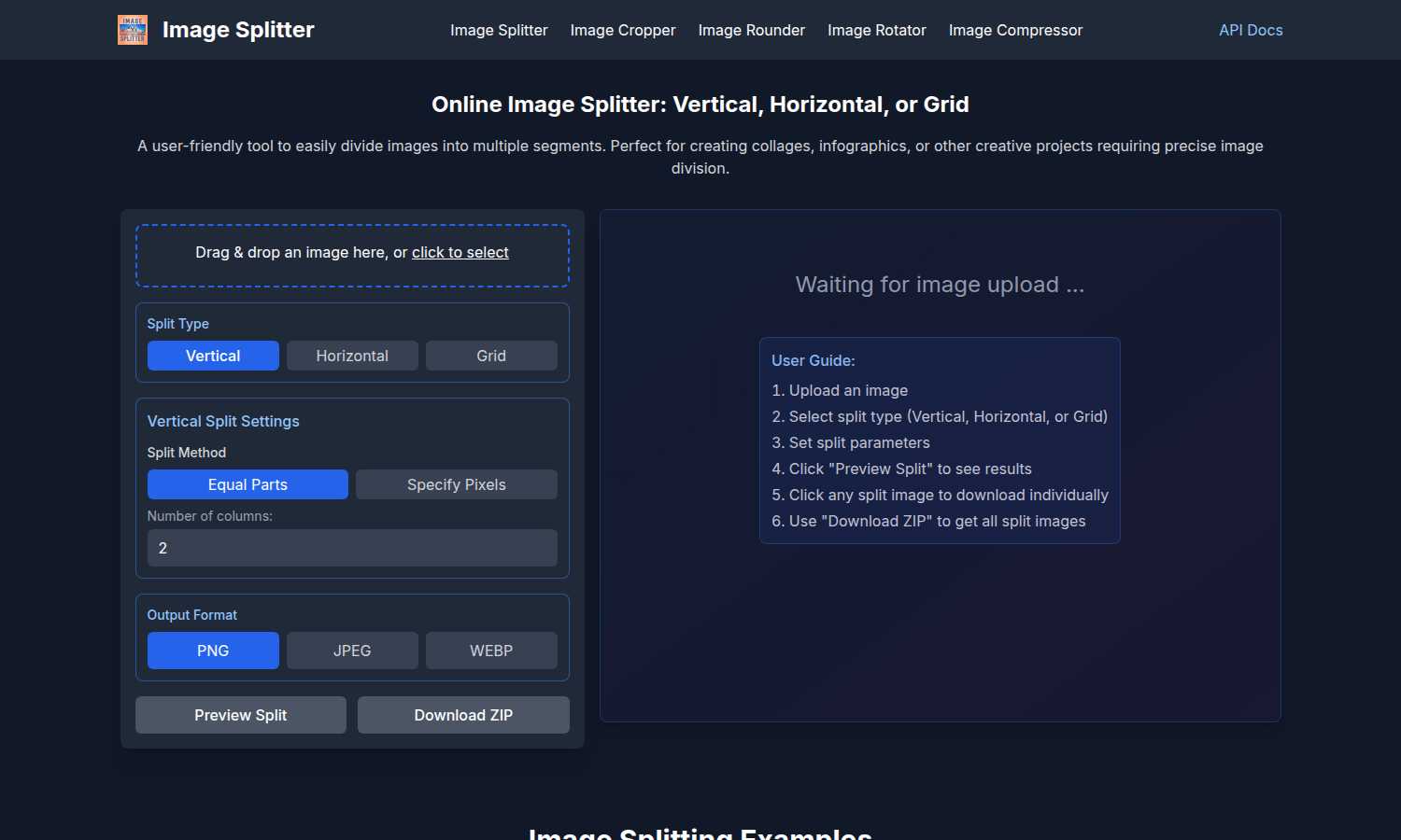 Image Splitter application interface and features