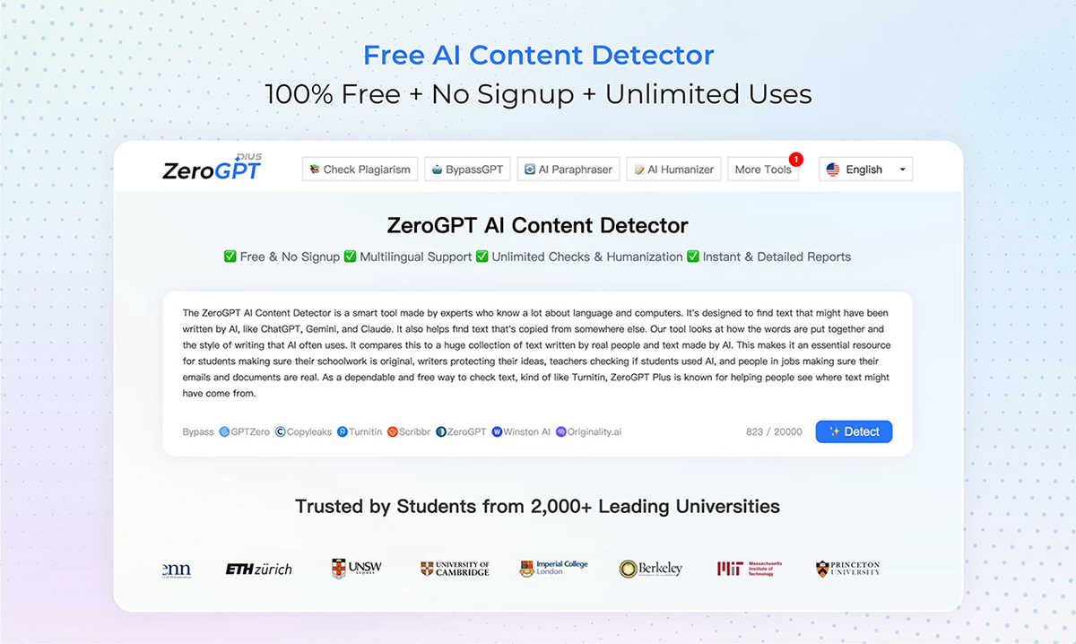 ZeroGPT Plus application interface and features