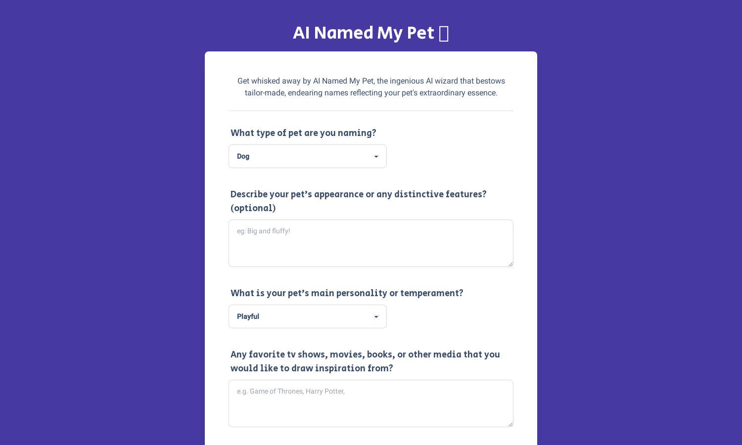 AI Named My Pet Website