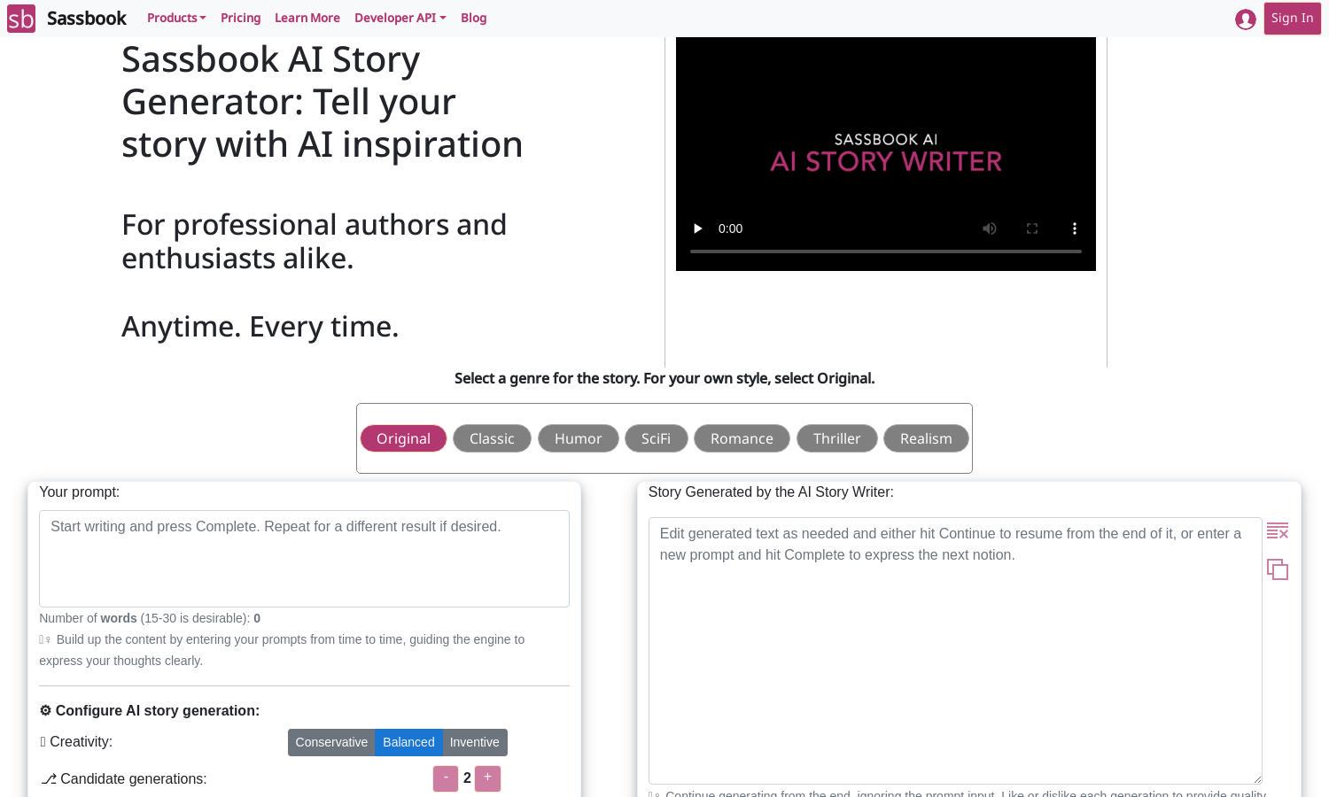 Sassbook AI Story Writer Website